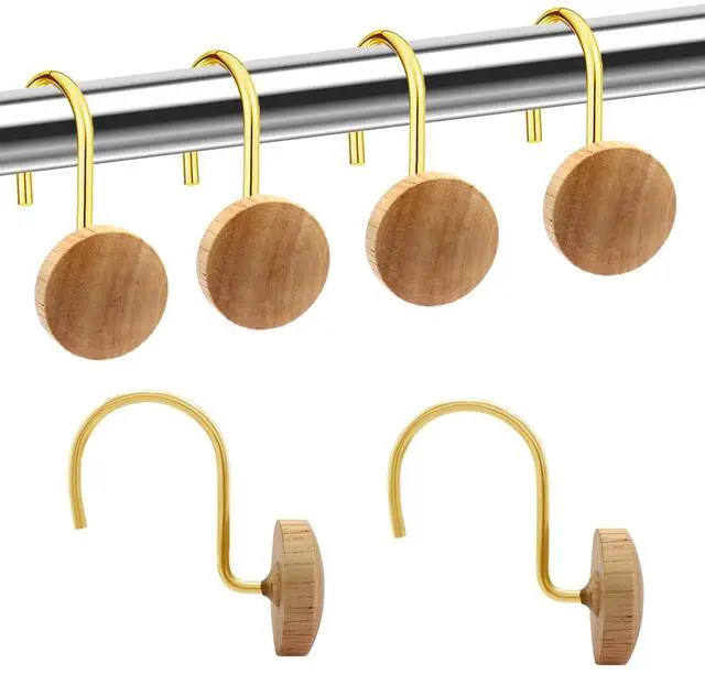 Main image of Shower Curtain Hooks, Wood Decorative Shower Curtain Rings, Modern Round Log Shower Curtain Hangers, 12PCS Shower Hooks for Shower Curtain Rod, Bedroom, Living Room (Gold 2)