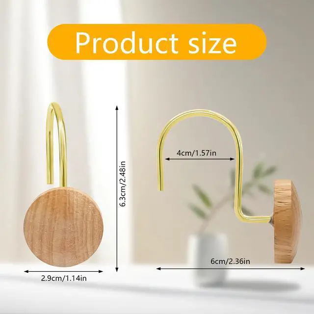 Alt view image 3 of 7 - Shower Curtain Hooks, Wood Decorative Shower Curtain Rings, Modern Round Log Shower Curtain Hangers, 12PCS Shower Hooks for Shower Curtain Rod, Bedroom, Living Room (Gold 2)
