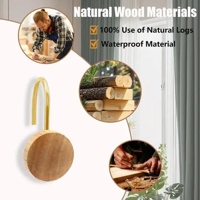 Alt view image 2 of 7 - Shower Curtain Hooks, Wood Decorative Shower Curtain Rings, Modern Round Log Shower Curtain Hangers, 12PCS Shower Hooks for Shower Curtain Rod, Bedroom, Living Room (Gold 2)