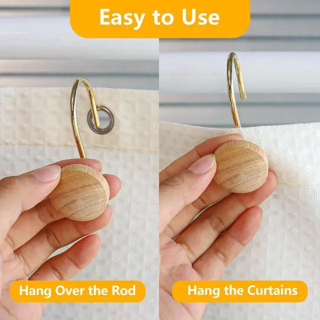 Alt view image 4 of 7 - Shower Curtain Hooks, Wood Decorative Shower Curtain Rings, Modern Round Log Shower Curtain Hangers, 12PCS Shower Hooks for Shower Curtain Rod, Bedroom, Living Room (Gold 2)