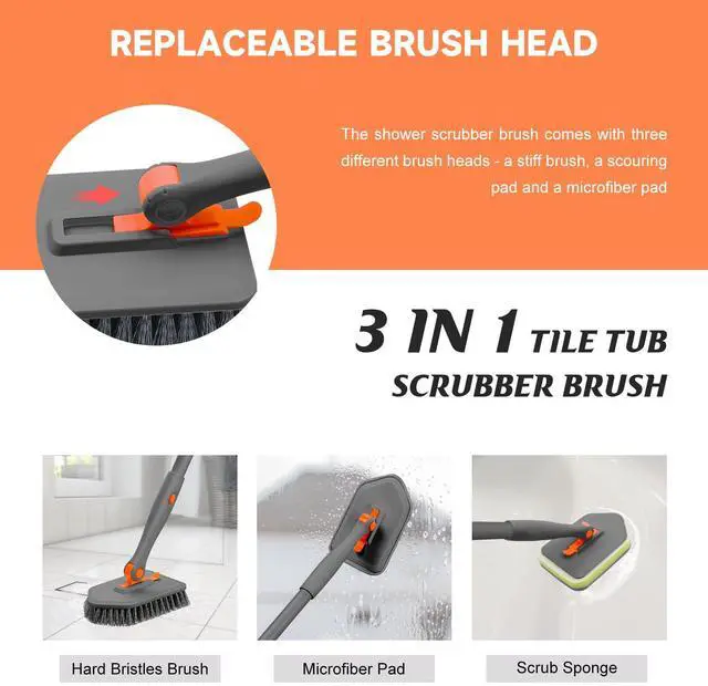 Alt view image 4 of 7 - ViewSonic Shower Scrubber with Long Handle, 3 in 1 Tile Tub Scrubber Brush with 3 Detachable Cleaning Heads Adjustable Handle Shower Cleaner Brush for Bathroom, Kitchen, Toilet, Wall