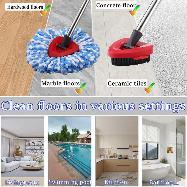 Alt view image 6 of 7 - Mop Heads Replacement Handle for Ocedar RinseClean 2-Tank System, 2 Microfiber Mop Refills, 1 Mop Handle (30-58in Adjustable 4-Section Pole), 2 Scrub Brush, 1 Spin Base for O Cedar RinseClean