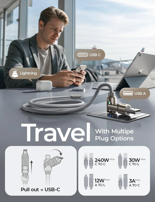 Alt view image 4 of 7 - USB C to Lightning Cable, Chubby 240W 4 in 1 Charging Cable 6.6FT | USB A/C to C/Lightning with Light iPhone Charger for iPhone 18 Pro Max/MacBook Air Pro/iPad/Samsung S25/Switch/PS5
