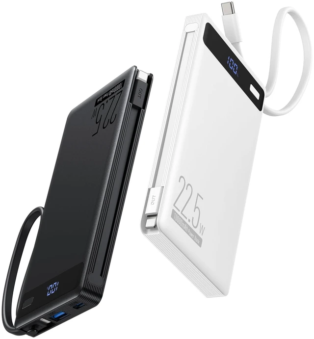Main image of 2Pack-10000mAh 22.5W Portable Charger Power Bank,Built-in Cables,WH&BLK | 4 Outputs & 2 Inputs | 22.5W Fast charging | LED display | Slim Battery Pack for iPhone, Samsung Galaxy, Android
