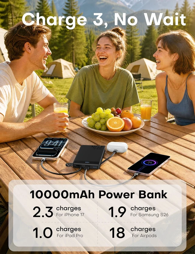 Alt view image 5 of 7 - 2Pack-10000mAh 22.5W Portable Charger Power Bank,Built-in Cables,WH&BLK | 4 Outputs & 2 Inputs | 22.5W Fast charging | LED display | Slim Battery Pack for iPhone, Samsung Galaxy, Android