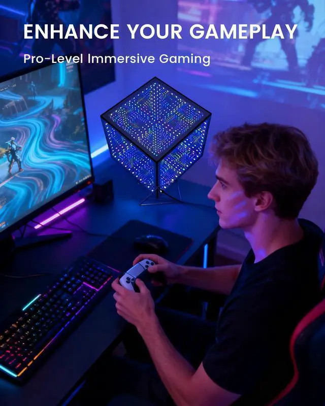 Alt view image 3 of 7 - ViewSonic Infinity Mirror Hyper Cube LED Light, RGB Gaming Room Decor, 6 Inch | Color-Changing, Sound-Activated, APP-Controlled, Ambient Light for Gaming, Party, Home, Gift
