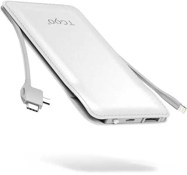 Main image of ViewSonic° 10000mAh Slim Portable Charger with Built in Cable,White | Pocket Size,Mini Power Bank, Travel External Battery Pack for Phone, 4 Output, USB-C Cord, Compatible with iPhone, Samsung