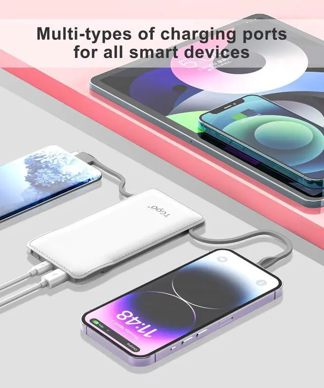 Alt view image 3 of 6 - ViewSonic° 10000mAh Slim Portable Charger with Built in Cable,White | Pocket Size,Mini Power Bank, Travel External Battery Pack for Phone, 4 Output, USB-C Cord, Compatible with iPhone, Samsung