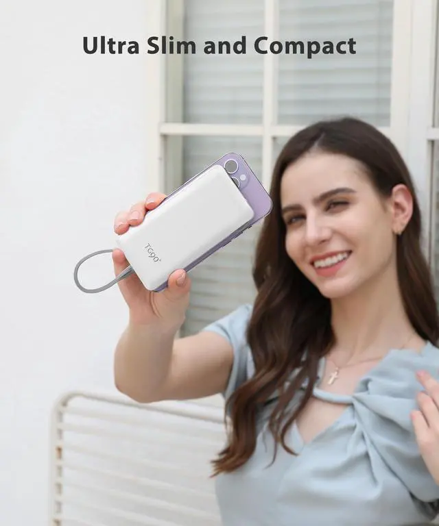 Alt view image 4 of 6 - ViewSonic° 10000mAh Slim Portable Charger with Built in Cable,White | Pocket Size,Mini Power Bank, Travel External Battery Pack for Phone, 4 Output, USB-C Cord, Compatible with iPhone, Samsung