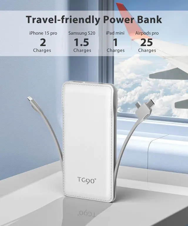 Alt view image 5 of 6 - ViewSonic° 10000mAh Slim Portable Charger with Built in Cable,White | Pocket Size,Mini Power Bank, Travel External Battery Pack for Phone, 4 Output, USB-C Cord, Compatible with iPhone, Samsung