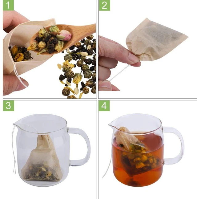 Alt view image 6 of 7 - Disposable Tea Filter Bags for Loose Tea, Wood Pulp Material, Biodegradable and Compostable, Unbleached Empty Tea Infuser Sachets with Drawstring, 100 Pack (3.2inch x 4.0inch)