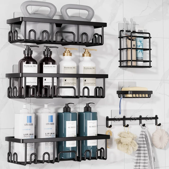 Main image of ViewSonic Shower Caddy 6-Pack with Hooks, Bathroom Organizers & Storage, Black | Advanced Rustproof Design, Large Capacity, No Drilling, Adhesive Shelves Rack, Wall-Mounted Kitchen & Home Decor
