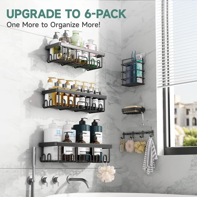 Alt view image 5 of 7 - ViewSonic Shower Caddy 6-Pack with Hooks, Bathroom Organizers & Storage, Black | Advanced Rustproof Design, Large Capacity, No Drilling, Adhesive Shelves Rack, Wall-Mounted Kitchen & Home Decor