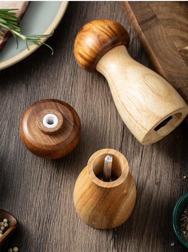 Alt view image 4 of 7 - Wood Pepper Grinder Set,Acacia Wood Pepper Mill Set,Mushroom Manual Salt and Pepper Mills, Refillable Spice Tools,Seasoning Mill Adjustable Coarseness Fine to Coarse (Mushroom Set)