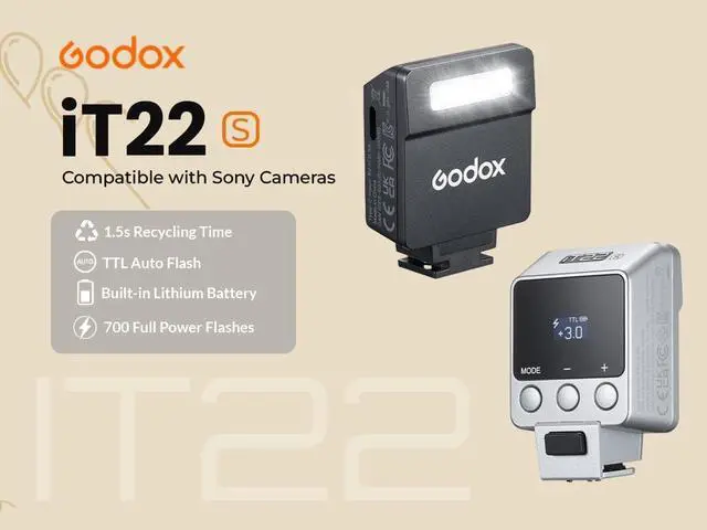 Alt view image 2 of 7 - Godox iT22S Mini TTL Speedlite for Sony Cameras, 700 Full-Power Flashes, 1.5s Fast Recycle, USB-C Charging, On-Camera Hot Shoe Flash with Magnetic Diffuser & Color Filters, Black