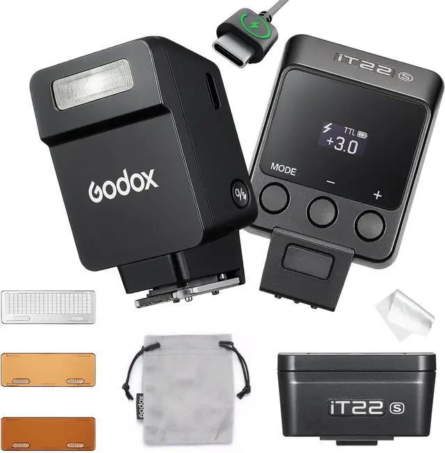 Main image of Godox iT22S Mini TTL Speedlite for Sony Cameras, 700 Full-Power Flashes, 1.5s Fast Recycle, USB-C Charging, On-Camera Hot Shoe Flash with Magnetic Diffuser & Color Filters, Black