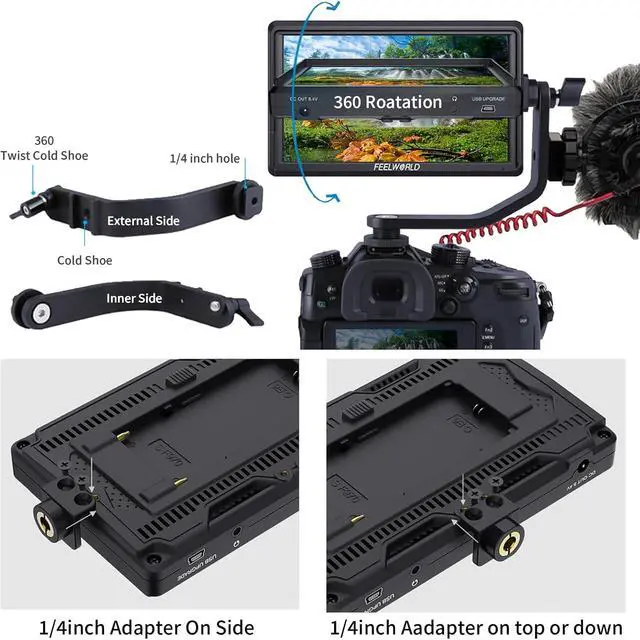 Alt view image 3 of 5 - FEELWORLD S55 V3 5.5" On-Camera Monitor Kit, 4K HDMI I/O, 3D LUT & Waveform, Includes Tilt Arm, F550 Battery & Case, Lightweight Compact with Power Output