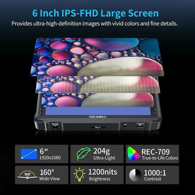 Alt view image 4 of 6 - FEELWORLD FW568 PRO 6" 1200nits Field Monitor Kit, 1080P 4K HDMI Loop I/O, Waveform & 3D LUT, Includes F750 4400mAh Battery & Carry Bag