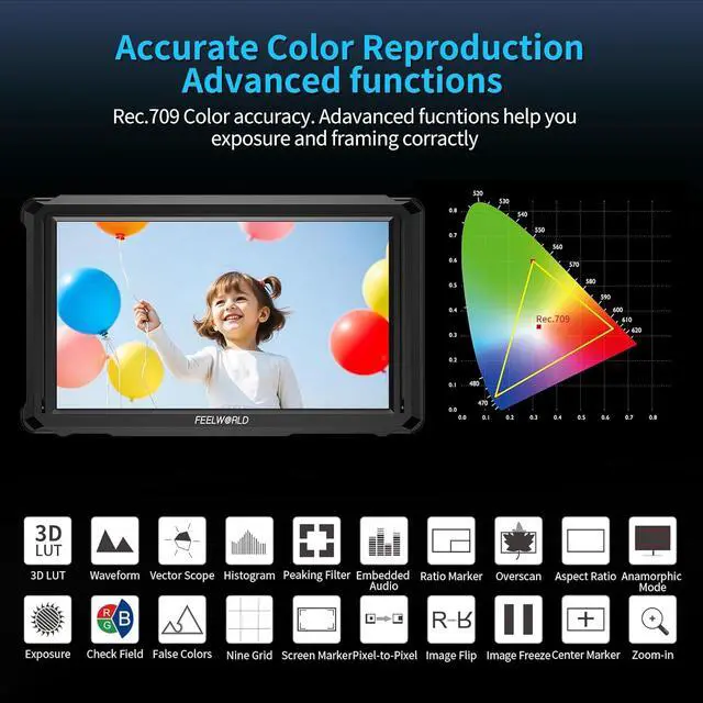 Alt view image 5 of 6 - FEELWORLD FW568 PRO 6" 1200nits Field Monitor Kit, 1080P 4K HDMI Loop I/O, Waveform & 3D LUT, Includes F750 4400mAh Battery & Carry Bag