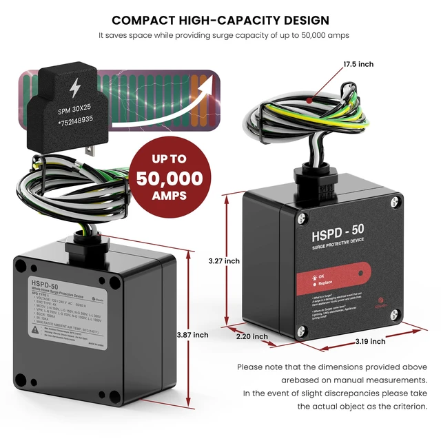 Alt view image 3 of 6 - HSPD Square Whole Home Surge Protective Device, Type 1 SPD, Whole House Surge Protector, AC Surge Protection, 120/240VAC (HSPD-50)
