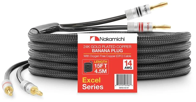 Main image of 24k Gold Plated Banana Plugs with Speaker Cable Wire 99.9% OFC Oxygen-Free Copper, Excel Series, Heavy Duty Braided for Amplifier Receiver Hi-Fi Stereo AV - Black (14AWG / 15 feet / 4.5m)