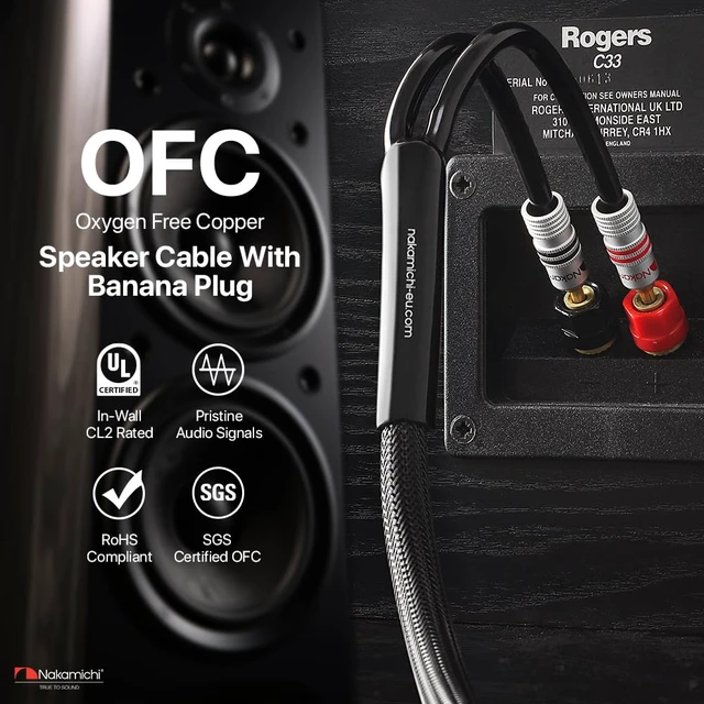 Alt view image 5 of 7 - 24k Gold Plated Banana Plugs with Speaker Cable Wire 99.9% OFC Oxygen-Free Copper, Excel Series, Heavy Duty Braided for Amplifier Receiver Hi-Fi Stereo AV - Black (14AWG / 15 feet / 4.5m)