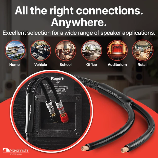 Alt view image 7 of 7 - 24k Gold Plated Banana Plugs with Speaker Cable Wire 99.9% OFC Oxygen-Free Copper, Excel Series, Heavy Duty Braided for Amplifier Receiver Hi-Fi Stereo AV - Black (14AWG / 15 feet / 4.5m)