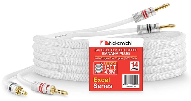 Main image of 24k Gold Plated Banana Plugs with 14 AWG Speaker Cable 99.9% OFC Oxygen-Free Copper, Excel Series, Heavy Duty Braided for Amplifier Receiver Hi-Fi Stereo Audio Wire - White (15 feet / 4.5m)