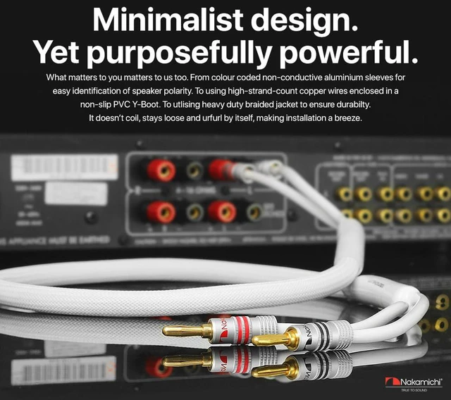Alt view image 2 of 7 - 24k Gold Plated Banana Plugs with 14 AWG Speaker Cable 99.9% OFC Oxygen-Free Copper, Excel Series, Heavy Duty Braided for Amplifier Receiver Hi-Fi Stereo Audio Wire - White (15 feet / 4.5m)