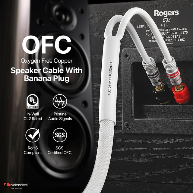 Alt view image 5 of 7 - 24k Gold Plated Banana Plugs with 14 AWG Speaker Cable 99.9% OFC Oxygen-Free Copper, Excel Series, Heavy Duty Braided for Amplifier Receiver Hi-Fi Stereo Audio Wire - White (15 feet / 4.5m)
