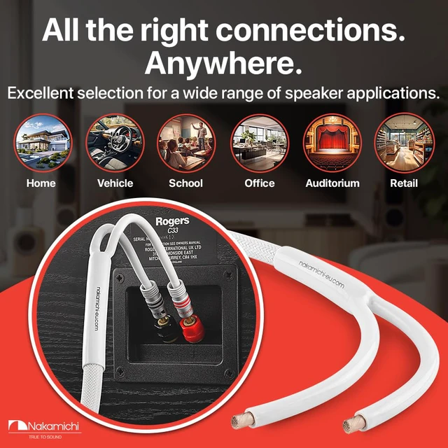 Alt view image 7 of 7 - 24k Gold Plated Banana Plugs with 14 AWG Speaker Cable 99.9% OFC Oxygen-Free Copper, Excel Series, Heavy Duty Braided for Amplifier Receiver Hi-Fi Stereo Audio Wire - White (15 feet / 4.5m)