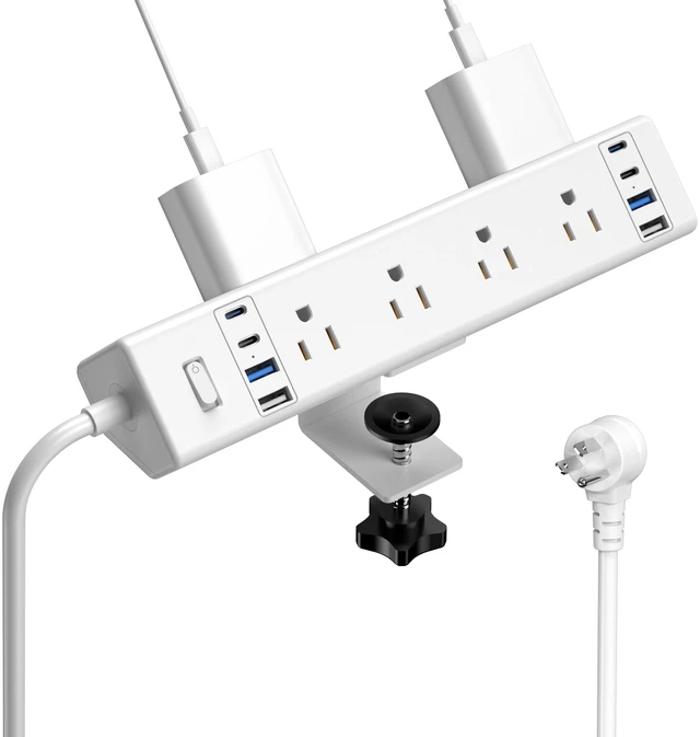 Main image of Desk Clamp Power Strip 40W USB C,8-Outlet,8 USB,10FT,White 40W Fast Charging Station,4 USB-C,4 USB-A,Furniture Nightstand Edge Mount Surge Protector, Fits 1.9" Tabletop Edge