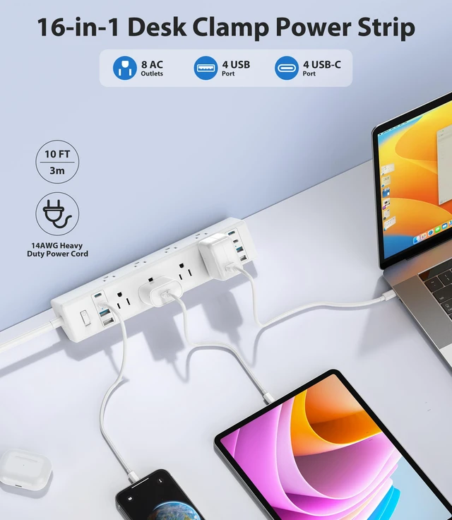 Alt view image 2 of 7 - Desk Clamp Power Strip 40W USB C,8-Outlet,8 USB,10FT,White 40W Fast Charging Station,4 USB-C,4 USB-A,Furniture Nightstand Edge Mount Surge Protector, Fits 1.9" Tabletop Edge