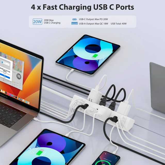 Alt view image 3 of 7 - Desk Clamp Power Strip 40W USB C,8-Outlet,8 USB,10FT,White 40W Fast Charging Station,4 USB-C,4 USB-A,Furniture Nightstand Edge Mount Surge Protector, Fits 1.9" Tabletop Edge