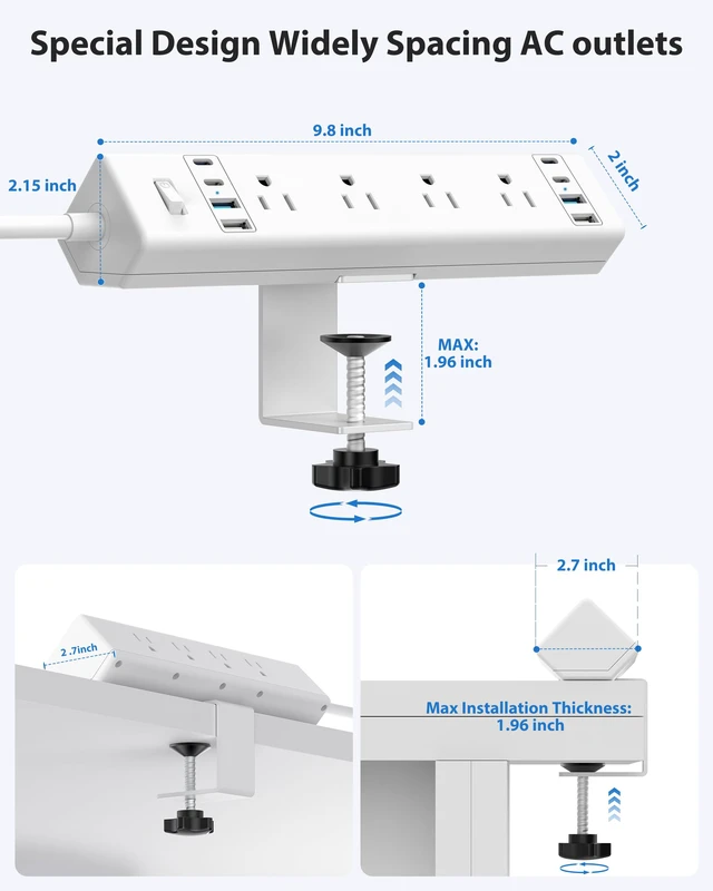 Alt view image 6 of 7 - Desk Clamp Power Strip 40W USB C,8-Outlet,8 USB,10FT,White 40W Fast Charging Station,4 USB-C,4 USB-A,Furniture Nightstand Edge Mount Surge Protector, Fits 1.9" Tabletop Edge