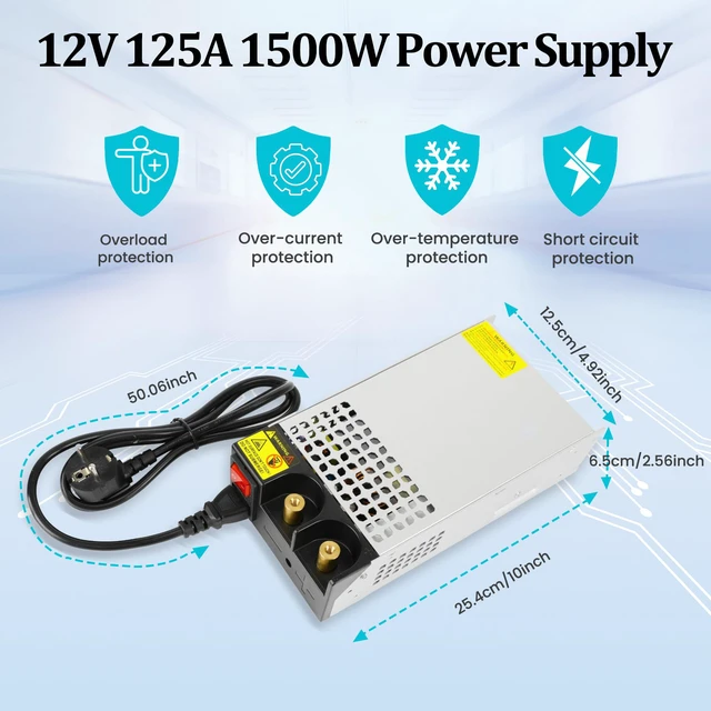 Alt view image 6 of 6 - DC 12V 125A 1500W Power Supply 110V AC to 12V DC Converter 125A 1500W Switching Power Supply Transformer PSU for 12Volt Motor Pump CCTV Security Camera Car Stereo 3D Printer