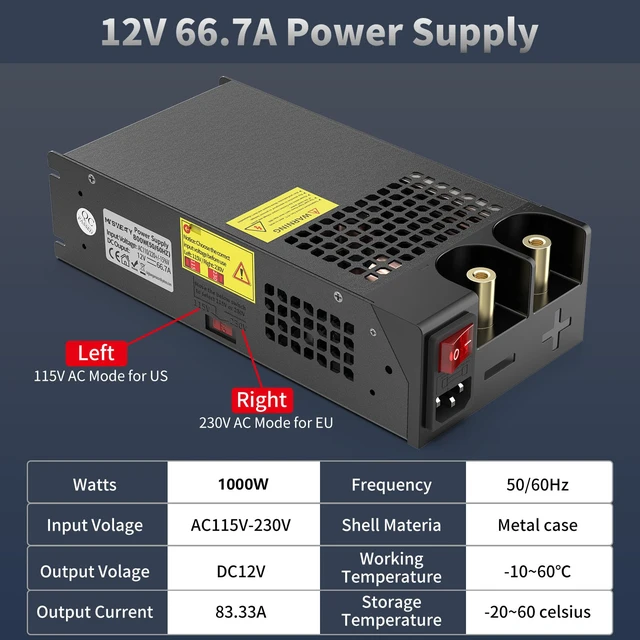 Alt view image 5 of 7 - 12V Power Supply 1000W 83.4A, 110V AC to 12V DC Converter-Black 12V Power Supply 110V to 12V Converter Universal Power Adapter for Radio, Car Stereos, LED Strip, Computer Project