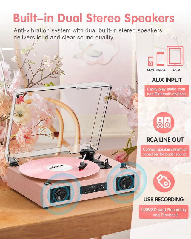 Alt view image 3 of 7 - Vinyl Record Player Vintage Wireless Bluetooth Record Player with Enhanced Speakers, USB Recording, LP Player with 3-Speed Belt Drive Turntable Support RCA Line-Out AUX Input EQ,Pink