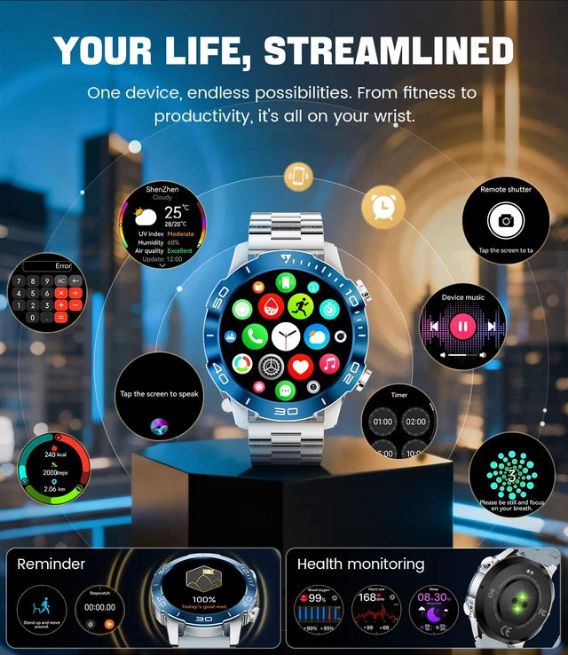 Alt view image 7 of 7 - Smart Watches for Men Luxury for Android iPhone,Fitness Watch with Heart Rate/SpO2/Sleep Monitor,Smartwatch Amoled Display 100+ Sport Modes,IP68 Waterproof,Silver Blue, 40mm