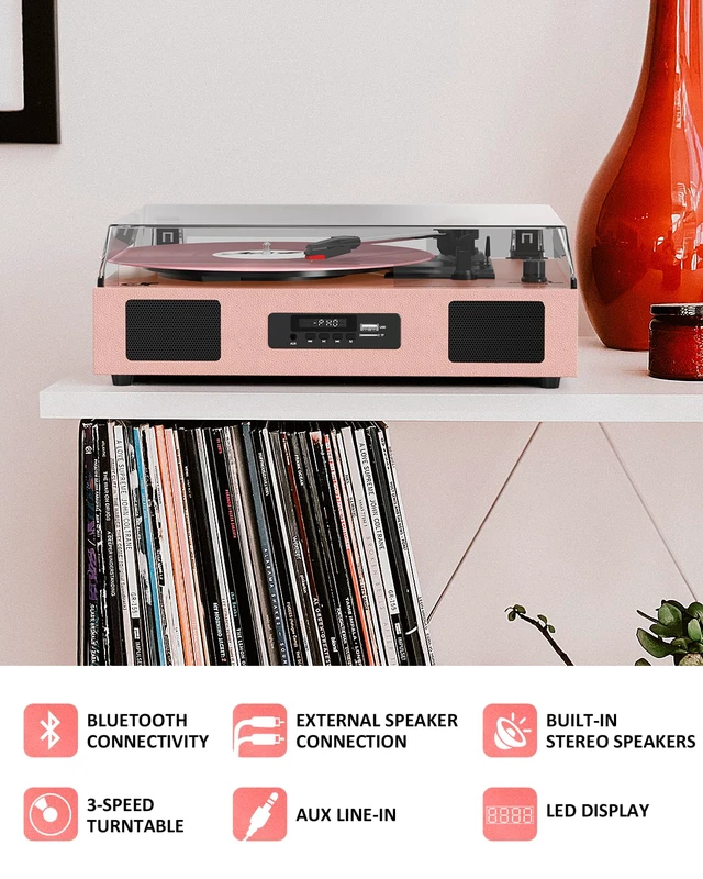Alt view image 2 of 7 - Vinyl Record Player Vintage Wireless Bluetooth Record Player with Enhanced Speakers, USB Recording, LP Player with 3-Speed Belt Drive Turntable Support RCA Line-Out AUX Input EQ,Pink