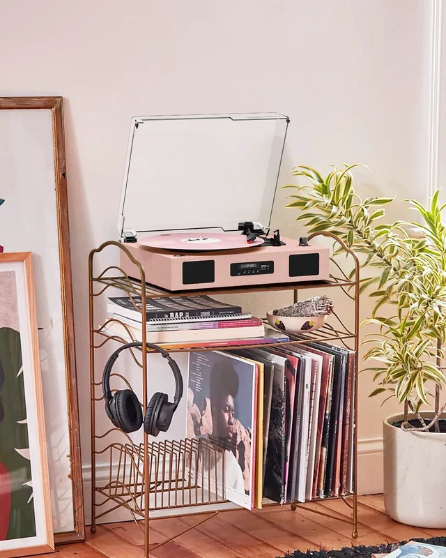 Alt view image 4 of 7 - Vinyl Record Player Vintage Wireless Bluetooth Record Player with Enhanced Speakers, USB Recording, LP Player with 3-Speed Belt Drive Turntable Support RCA Line-Out AUX Input EQ,Pink