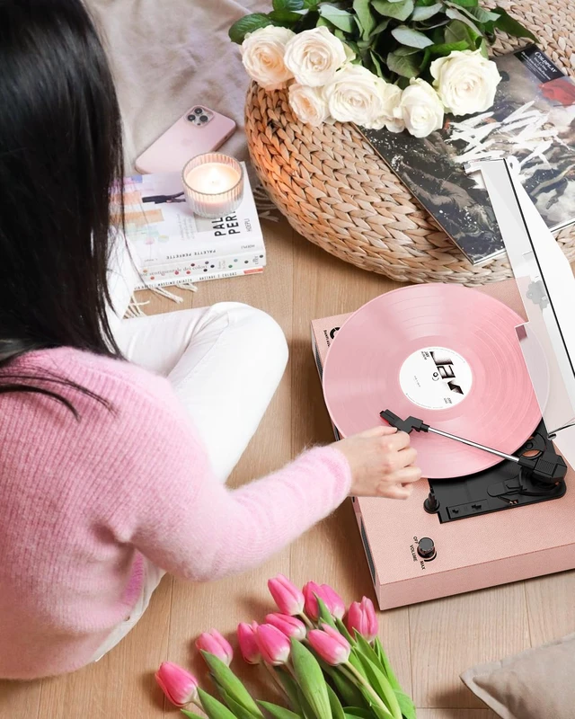 Alt view image 5 of 7 - Vinyl Record Player Vintage Wireless Bluetooth Record Player with Enhanced Speakers, USB Recording, LP Player with 3-Speed Belt Drive Turntable Support RCA Line-Out AUX Input EQ,Pink