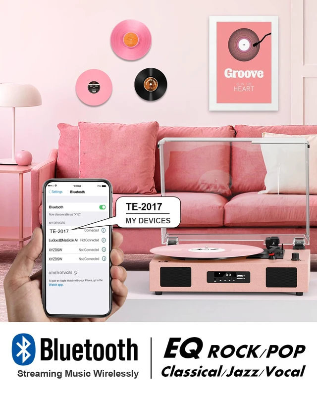 Alt view image 6 of 7 - Vinyl Record Player Vintage Wireless Bluetooth Record Player with Enhanced Speakers, USB Recording, LP Player with 3-Speed Belt Drive Turntable Support RCA Line-Out AUX Input EQ,Pink