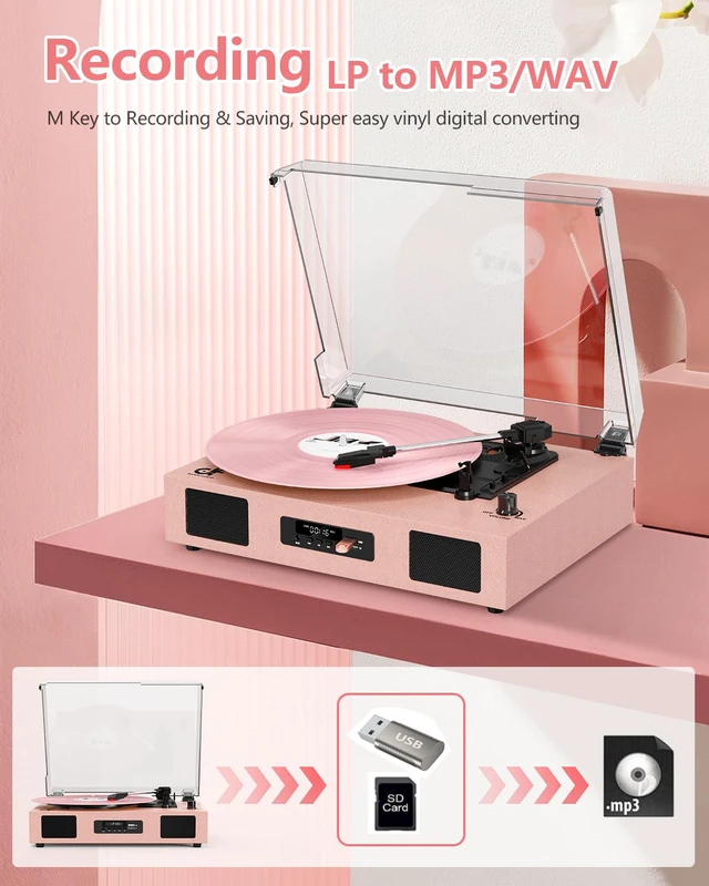 Alt view image 7 of 7 - Vinyl Record Player Vintage Wireless Bluetooth Record Player with Enhanced Speakers, USB Recording, LP Player with 3-Speed Belt Drive Turntable Support RCA Line-Out AUX Input EQ,Pink