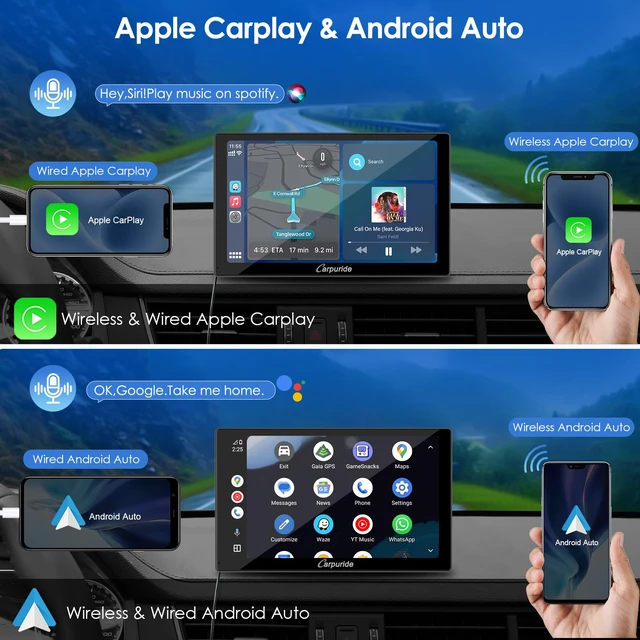 Alt view image 2 of 7 - 9 Inch Carplay Screen for Car, Compatible with Wireless/Wired Apple CarPlay, Android Auto and Mirror Link - Bluetooth Audio, Navigation,Siri, FM, AUX