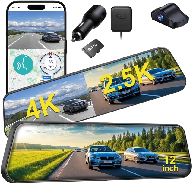 Main image of 12'' 4K Rear View Mirror Camera,4K+2.5k Front and Rear Mirror Dash Cam,ADAS BSD LCA Smart Rearview Mirror for Cars,App WiFi,Night Vision, Parking Monitor, 64GB Card & GPS Digital View Mirror Dashcam
