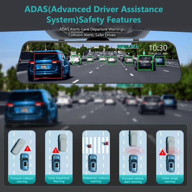 Alt view image 3 of 7 - 12'' 4K Rear View Mirror Camera,4K+2.5k Front and Rear Mirror Dash Cam,ADAS BSD LCA Smart Rearview Mirror for Cars,App WiFi,Night Vision, Parking Monitor, 64GB Card & GPS Digital View Mirror Dashcam