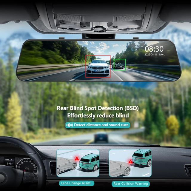 Alt view image 4 of 7 - 12'' 4K Rear View Mirror Camera,4K+2.5k Front and Rear Mirror Dash Cam,ADAS BSD LCA Smart Rearview Mirror for Cars,App WiFi,Night Vision, Parking Monitor, 64GB Card & GPS Digital View Mirror Dashcam