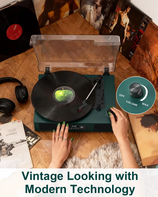 Alt view image 3 of 7 - Vinyl Record Player Turntable with Built-in Enhanced Speakers,Emerald Green USB Recording, 3-Speed Belt-Drive Turntable, USB Playback, Digital Display, RCA Output, AUX Input, Auto Stop