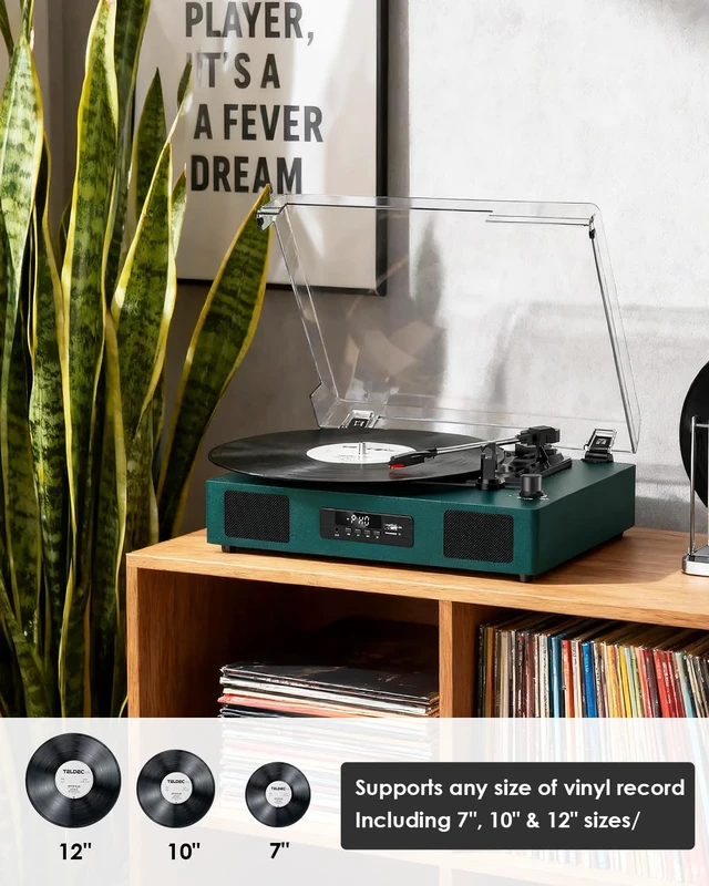 Alt view image 2 of 7 - Vinyl Record Player Turntable with Built-in Enhanced Speakers,Emerald Green USB Recording, 3-Speed Belt-Drive Turntable, USB Playback, Digital Display, RCA Output, AUX Input, Auto Stop